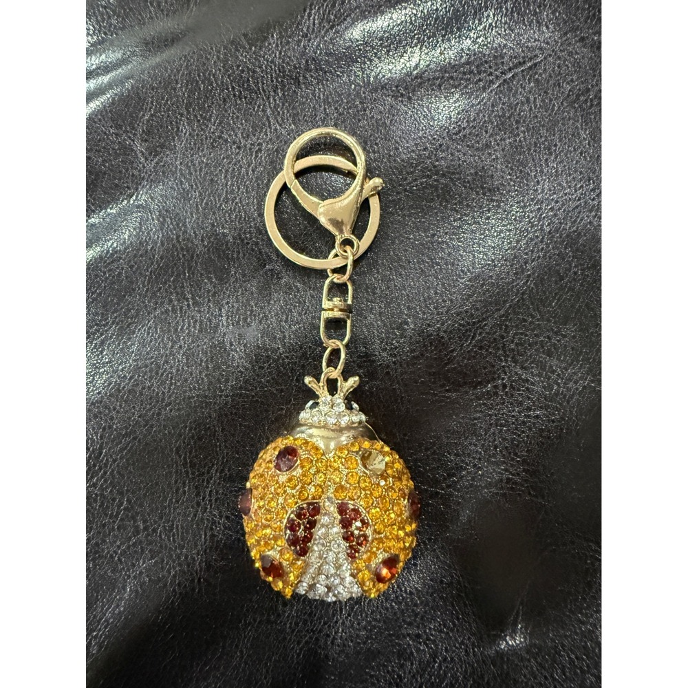 Sparkling Ladybug Keychain Rhinestone Encrusted Gold Tone Bag Charm